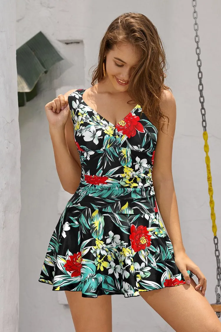 V Neck Swimming Skirt Ruched Swim Dresses