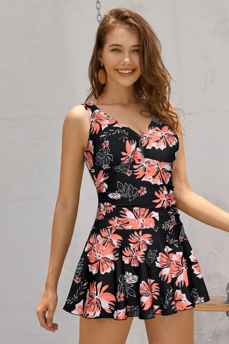 V Neck Swimming Skirt Ruched Swim Dresses