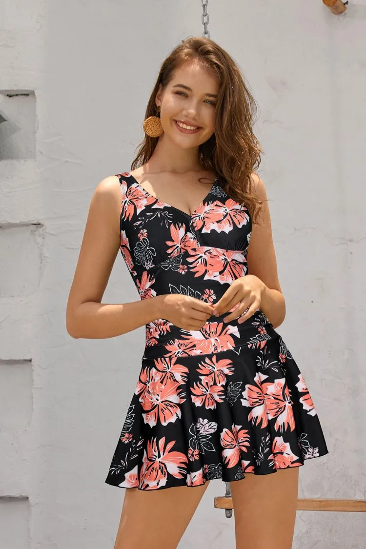 V Neck Swimming Skirt Ruched Swim Dresses