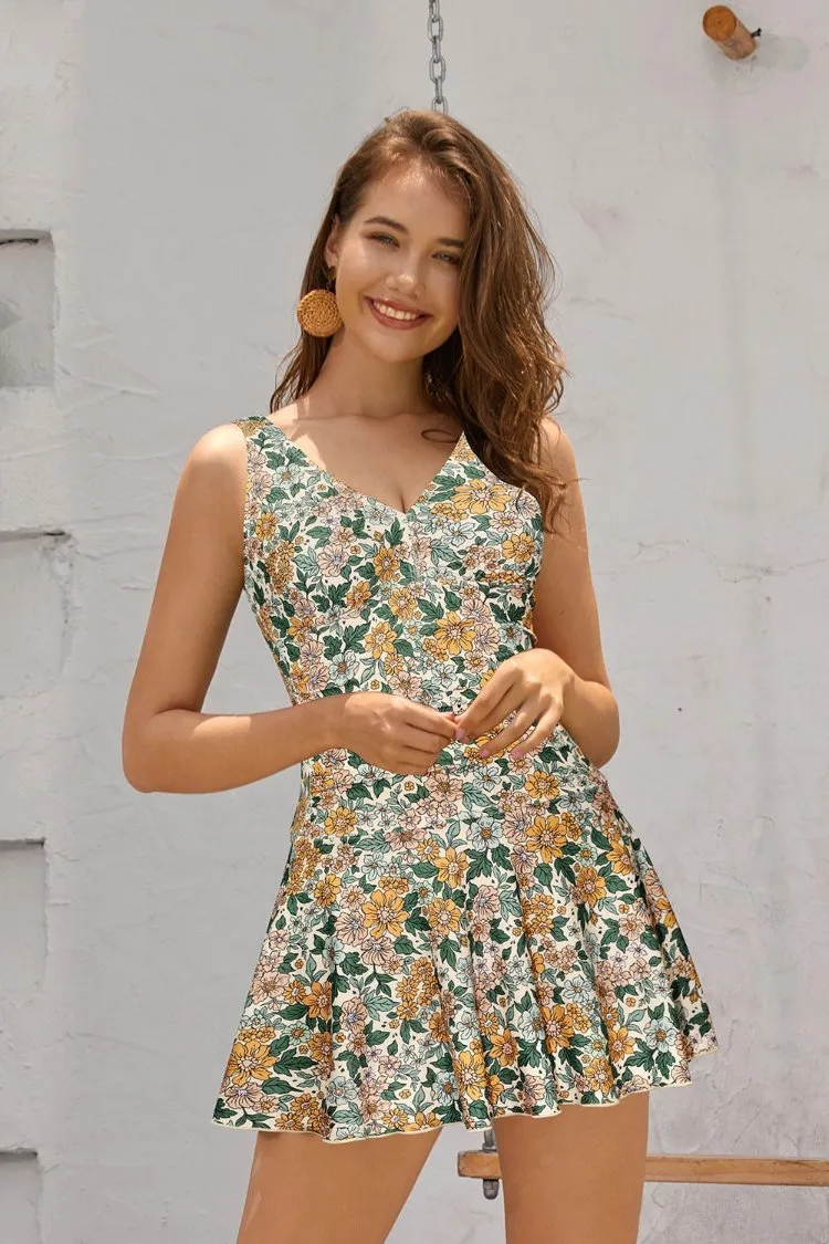 V Neck Swimming Skirt Ruched Swim Dresses