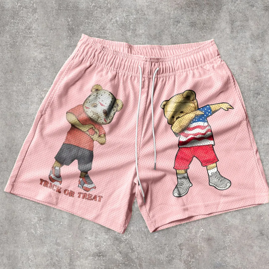 Vintage Bear Casual Print Mesh Shorts