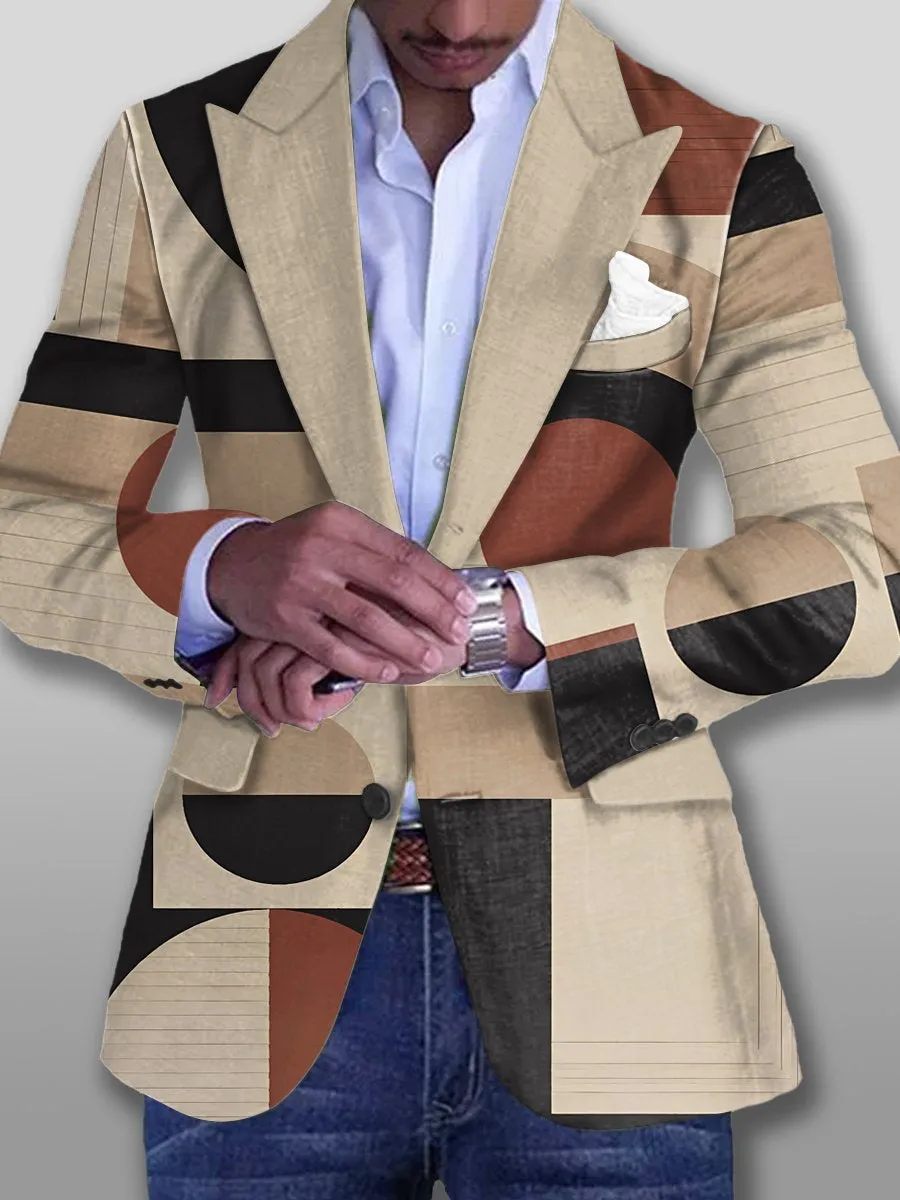 Vintage Geometric Print 3 Pockets Single Breasted Blazer