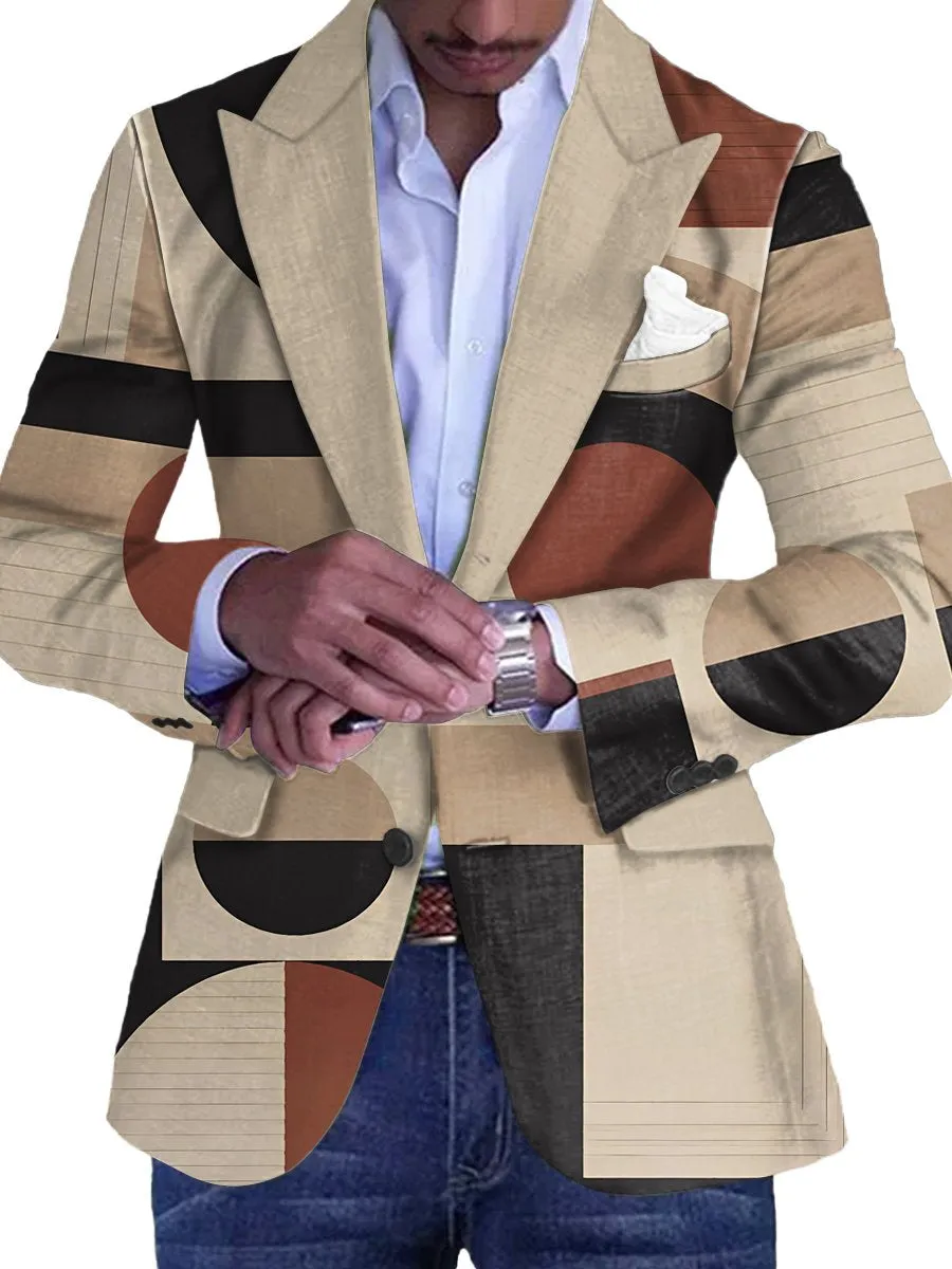 Vintage Geometric Print 3 Pockets Single Breasted Blazer
