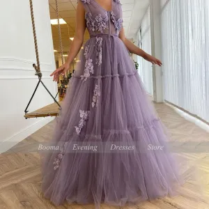 Wenkouban V-Neck Purple Prom Dresses Sequin Appliques Exposed Boning A-Line Prom Gowns Sleeveless Tiered Tulle Formal Party Dresses