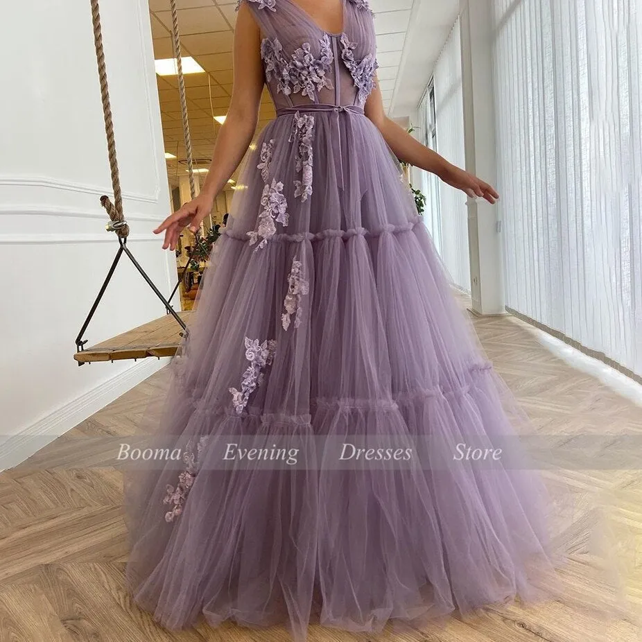 Wenkouban V-Neck Purple Prom Dresses Sequin Appliques Exposed Boning A-Line Prom Gowns Sleeveless Tiered Tulle Formal Party Dresses
