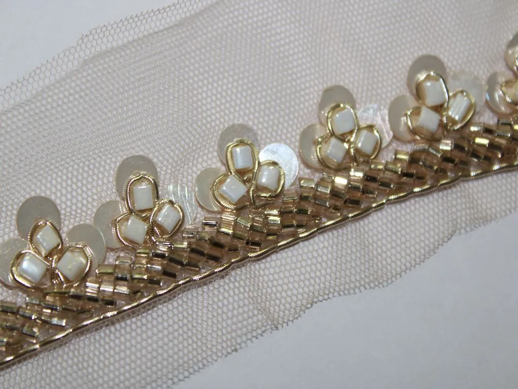 White Golden Sequins and Beads Work Embroidered Border