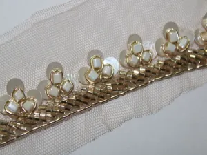 White Golden Sequins and Beads Work Embroidered Border