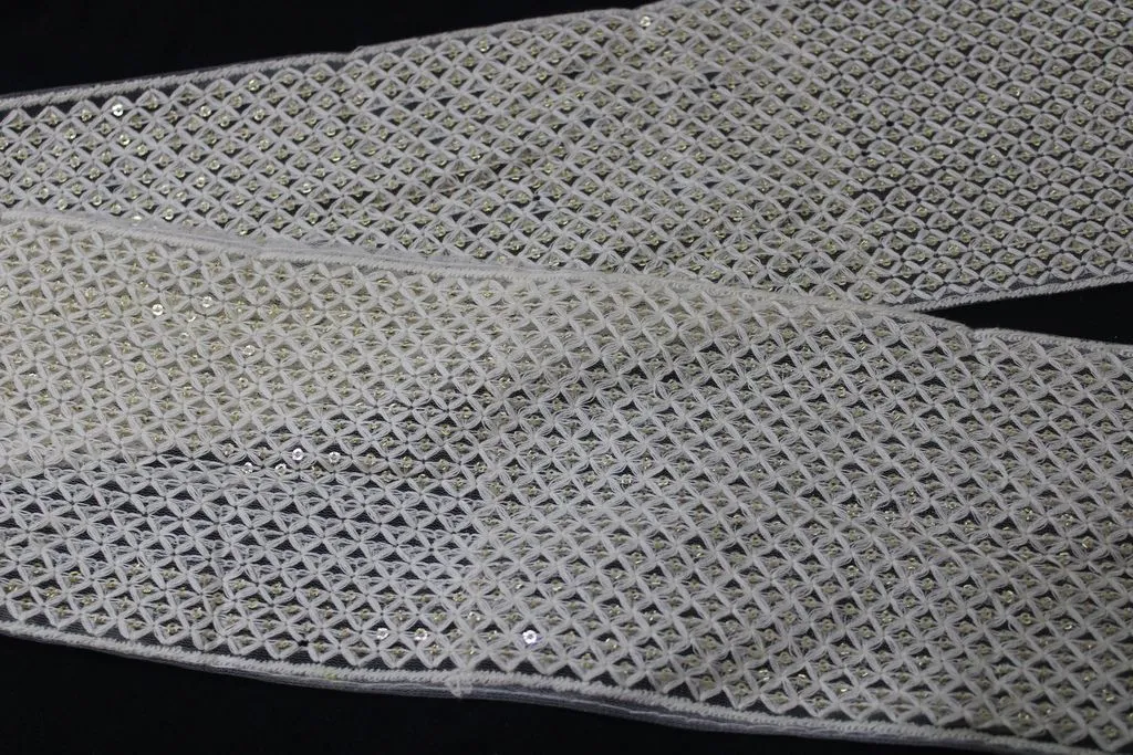 White Lakhnavi Thread and Sequins Work Embroidered Border