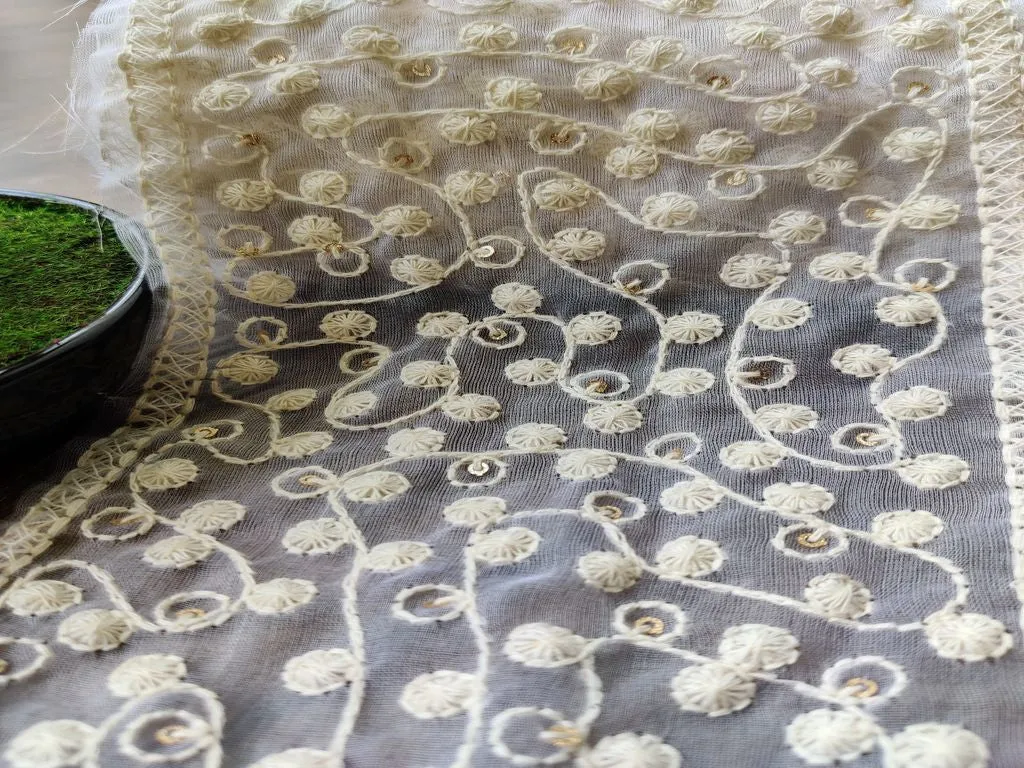 White Rose Gold Designer Lakhnawi Thread and Sequins Work Dyeable Organza Embroidered Border
