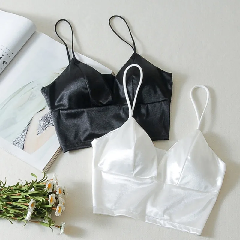 Wjczt Women Sexy Silky Satin Spaghetti Strap Bralette Deep V-Neck Solid Color Camisole Crop Top Wireless Padded Bra Wrapped Chest Vest