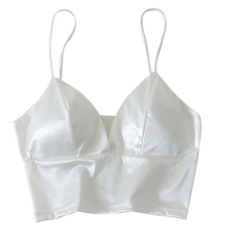 Wjczt Women Sexy Silky Satin Spaghetti Strap Bralette Deep V-Neck Solid Color Camisole Crop Top Wireless Padded Bra Wrapped Chest Vest