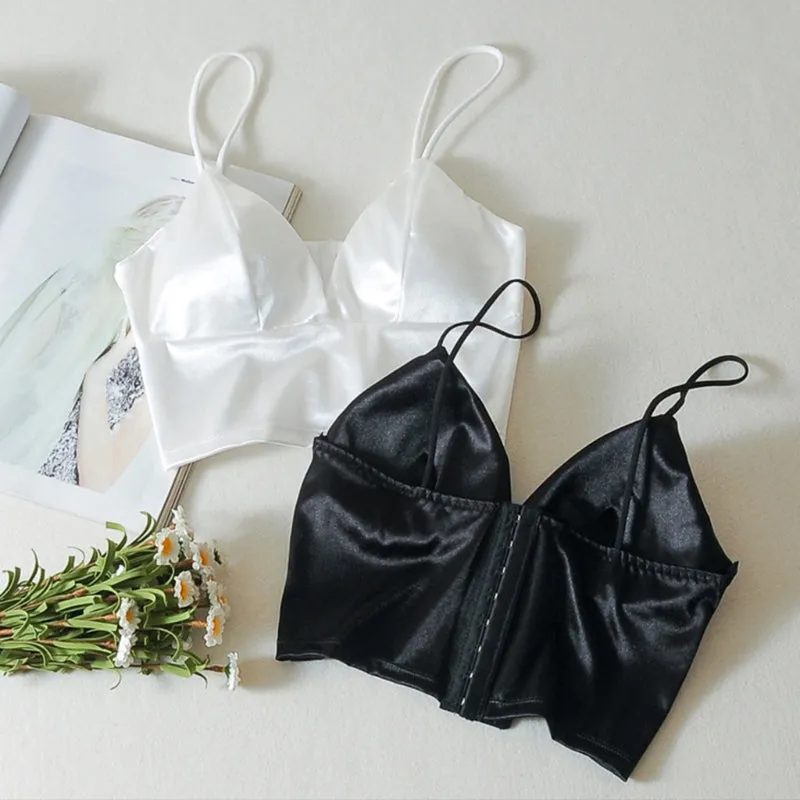 Wjczt Women Sexy Silky Satin Spaghetti Strap Bralette Deep V-Neck Solid Color Camisole Crop Top Wireless Padded Bra Wrapped Chest Vest