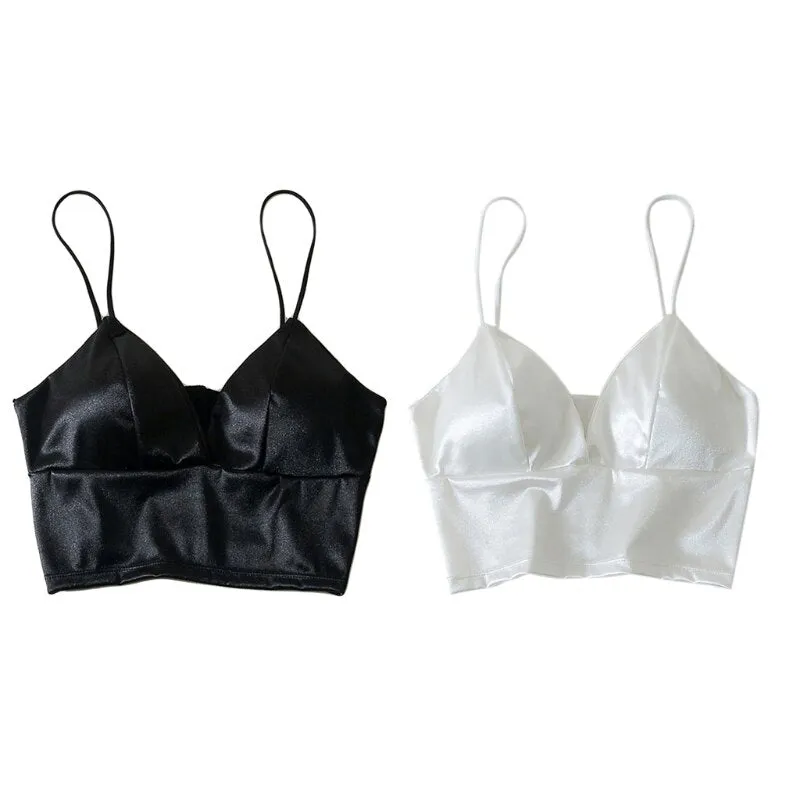 Wjczt Women Sexy Silky Satin Spaghetti Strap Bralette Deep V-Neck Solid Color Camisole Crop Top Wireless Padded Bra Wrapped Chest Vest
