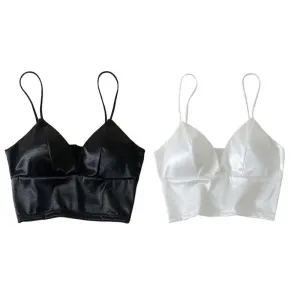 Wjczt Women Sexy Silky Satin Spaghetti Strap Bralette Deep V-Neck Solid Color Camisole Crop Top Wireless Padded Bra Wrapped Chest Vest