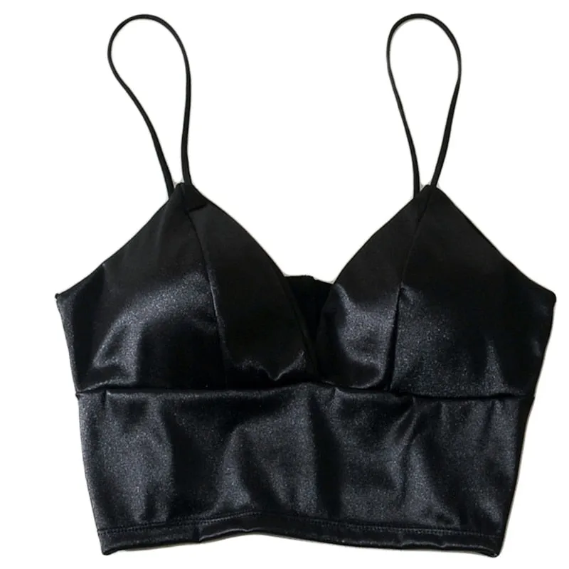 Wjczt Women Sexy Silky Satin Spaghetti Strap Bralette Deep V-Neck Solid Color Camisole Crop Top Wireless Padded Bra Wrapped Chest Vest