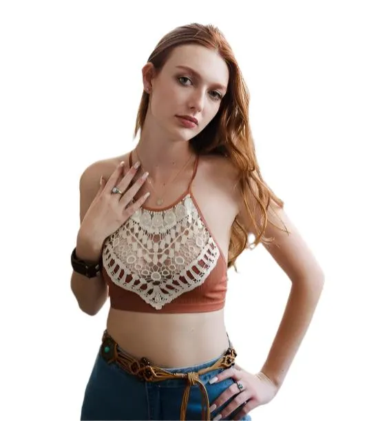 Womens Crochet Lace High Neck Bralette Top