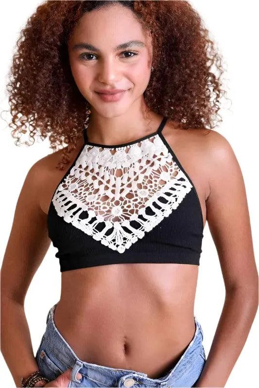 Womens Crochet Lace High Neck Bralette Top