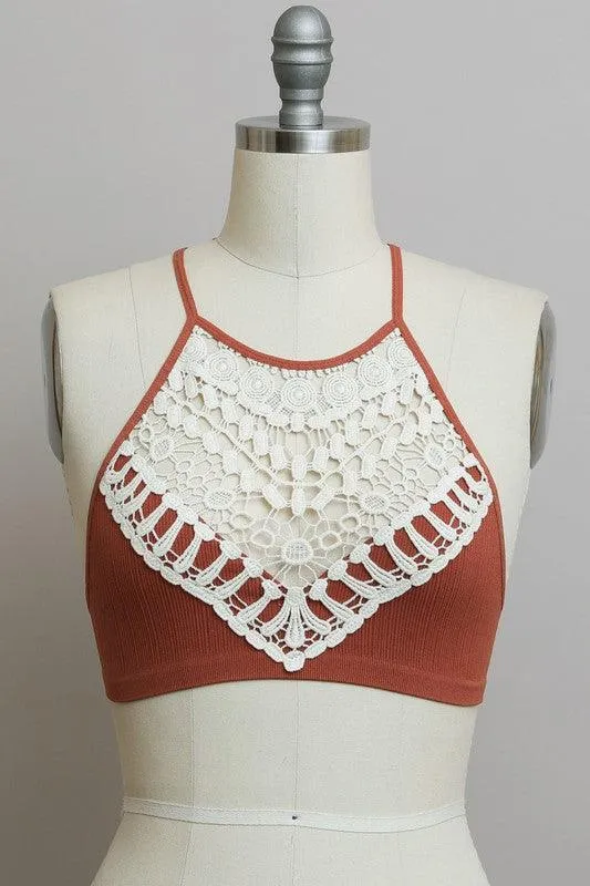 Womens Crochet Lace High Neck Bralette Top