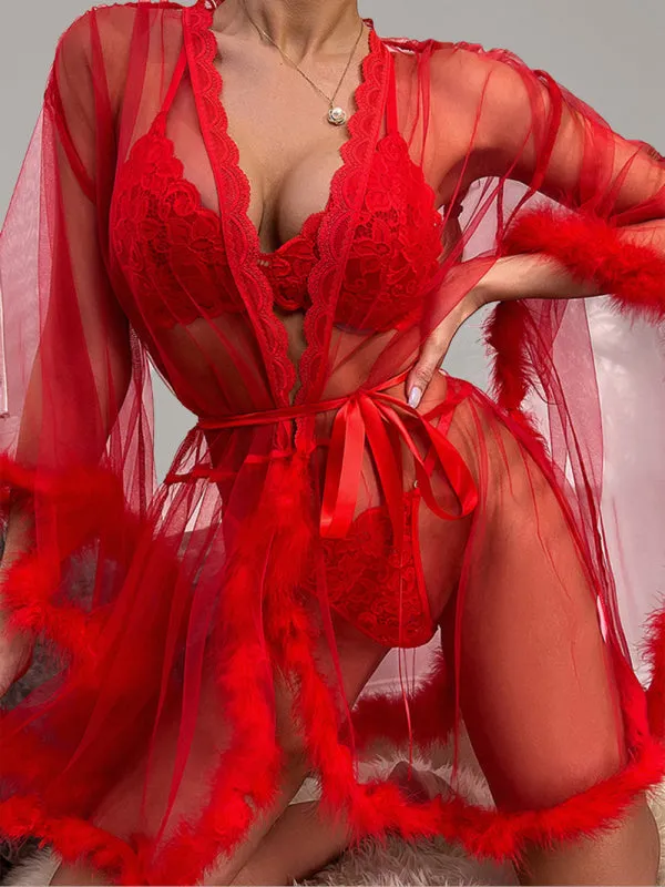 Women's Sexy See Through Mesh Feather Trim Lingerie Gown