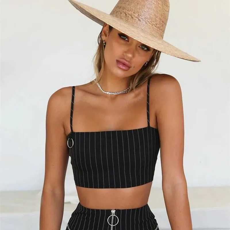 Women's Summer Casual Striped Slash-Neck Skinny Crop Top