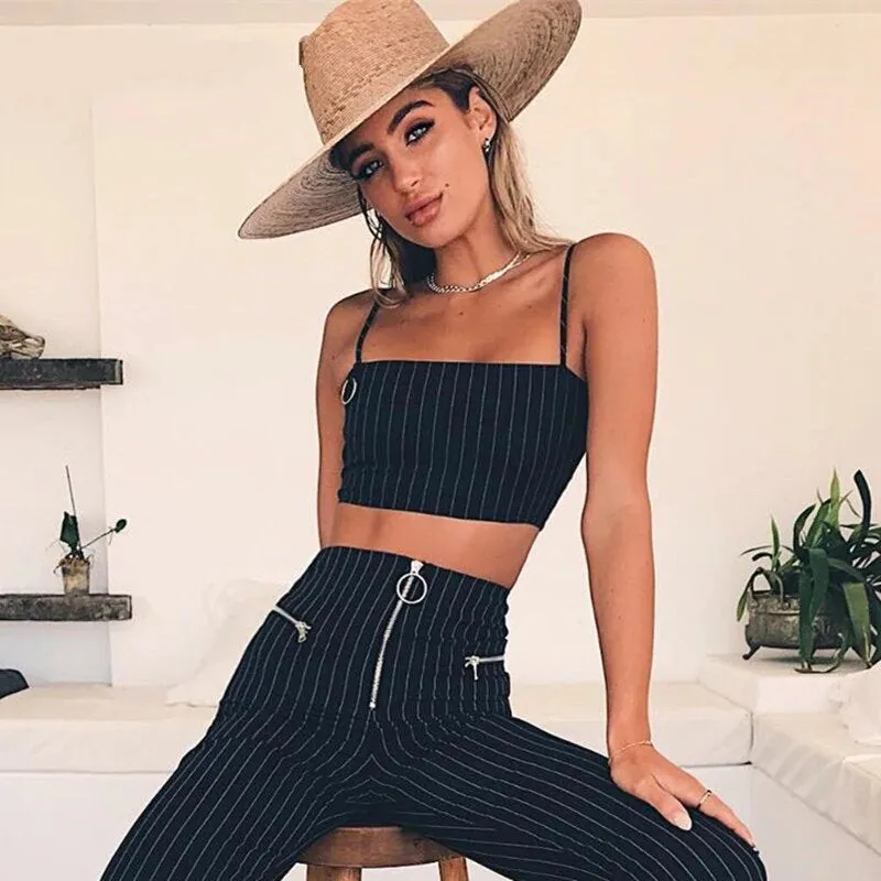 Women's Summer Casual Striped Slash-Neck Skinny Crop Top