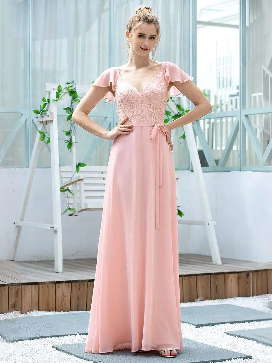 Women's V-Neck Backless Cap Sleeve Bridesmaid Dress with Waistband