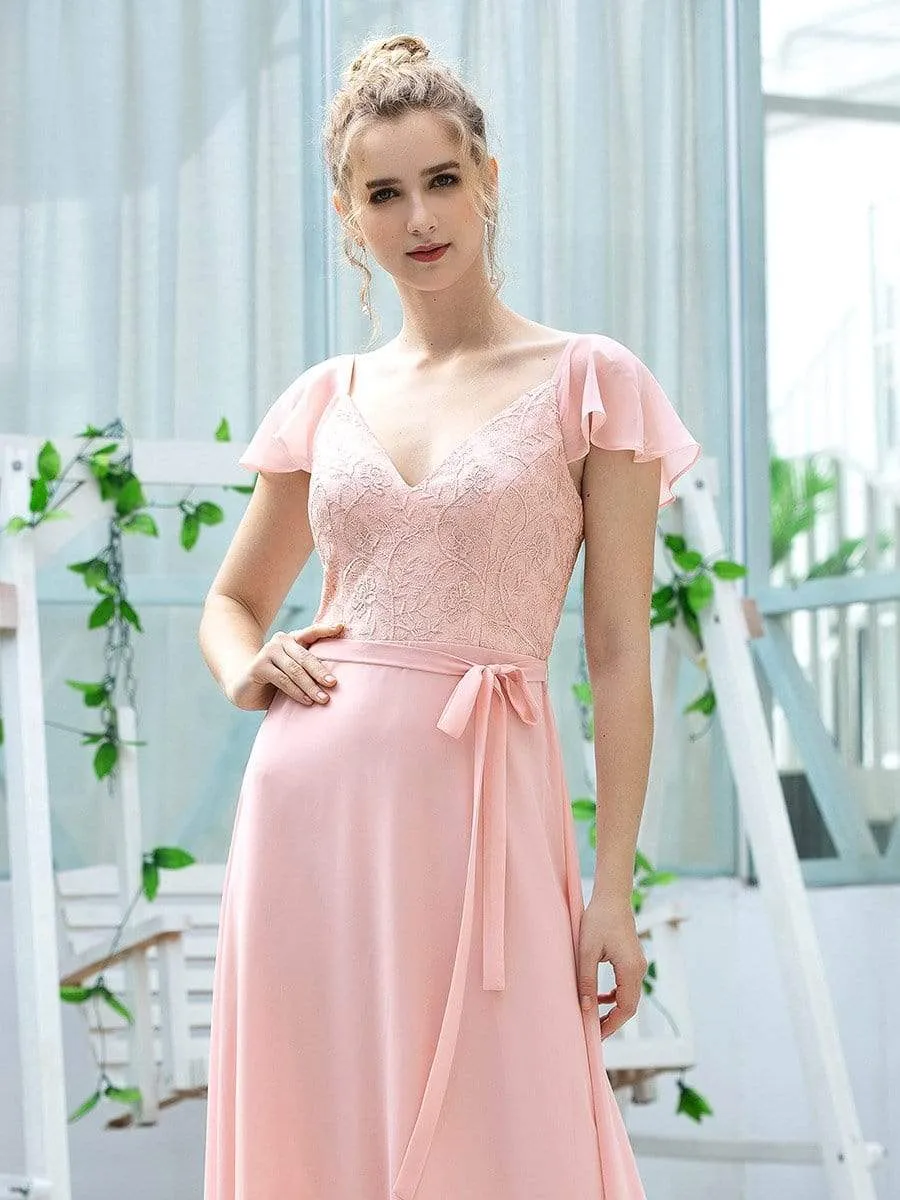 Women's V-Neck Backless Cap Sleeve Bridesmaid Dress with Waistband