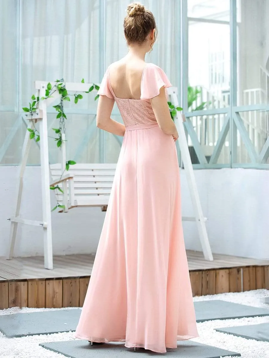 Women's V-Neck Backless Cap Sleeve Bridesmaid Dress with Waistband