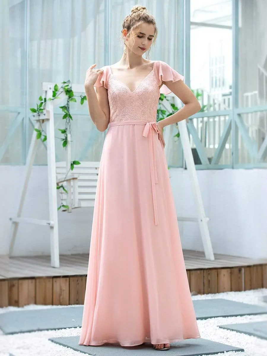 Women's V-Neck Backless Cap Sleeve Bridesmaid Dress with Waistband