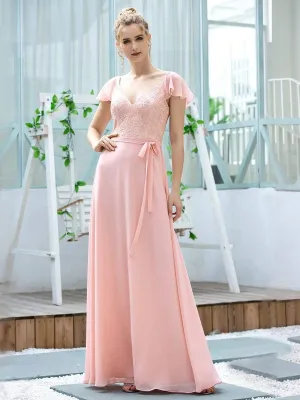 Women's V-Neck Backless Cap Sleeve Bridesmaid Dress with Waistband