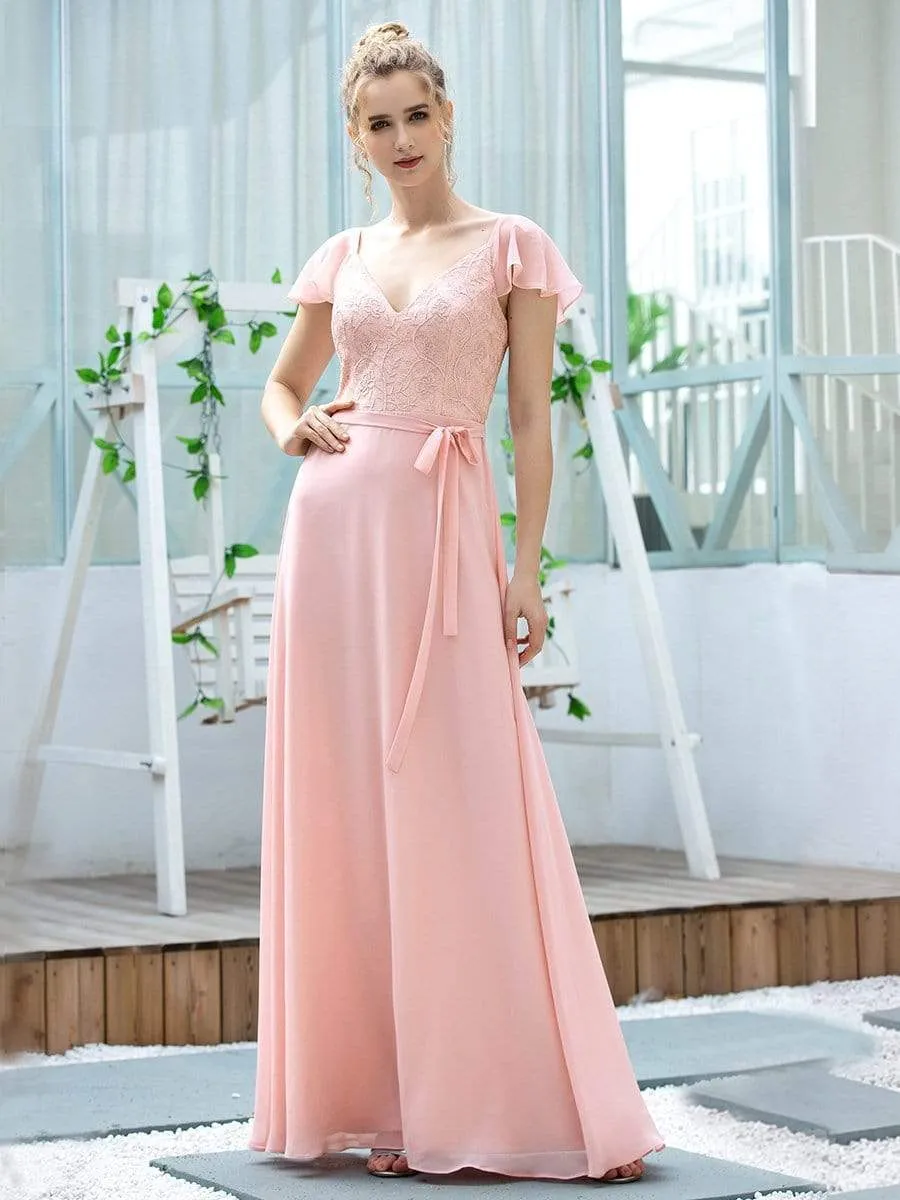 Women's V-Neck Backless Cap Sleeve Bridesmaid Dress with Waistband